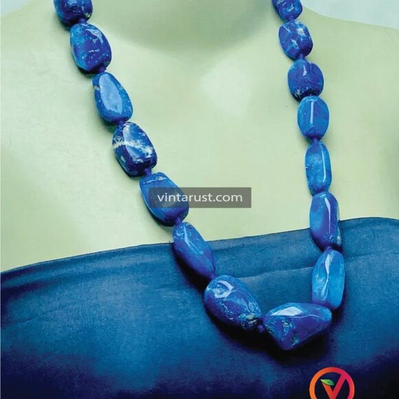 Handmade Lapis Lazuli Gemstone Necklace, Vintage Beaded Stone Necklace, Natural - Picture 4 of 9